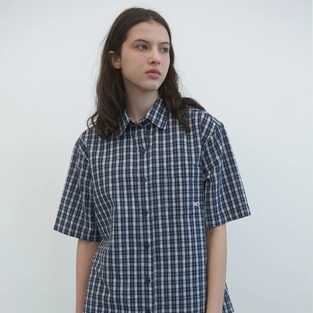 格紋 方正 半 衣袖 襯衫 (Navy Check)