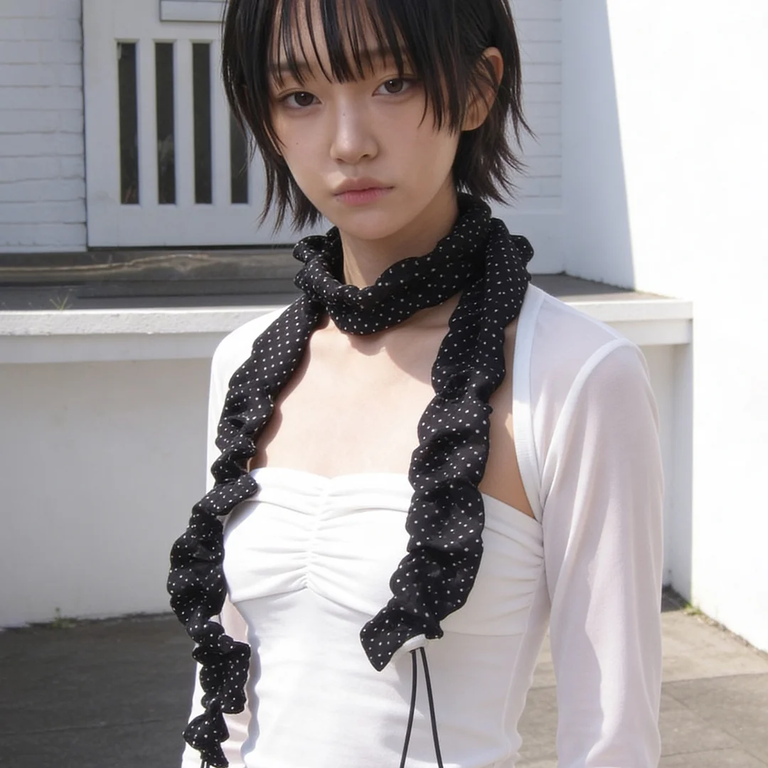 圓點 圖案 束繩 調節 夏季 絲巾 STRING PLEATS MUFFLER / DOT / BLACK