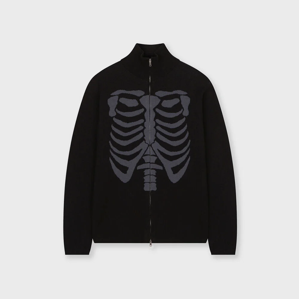 SKELETON HIGH NECK KNIT ZIP UP BLACK