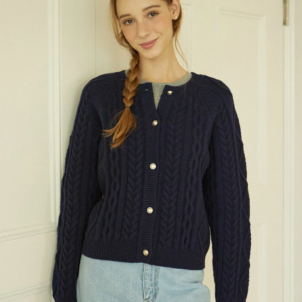 Gold Button Cable Wool Knit Cardigan - Navy