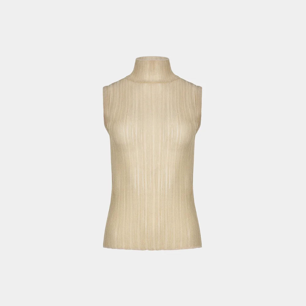 (W) TRANSPARENT HIGH NECK KNIT TOP - GOLD