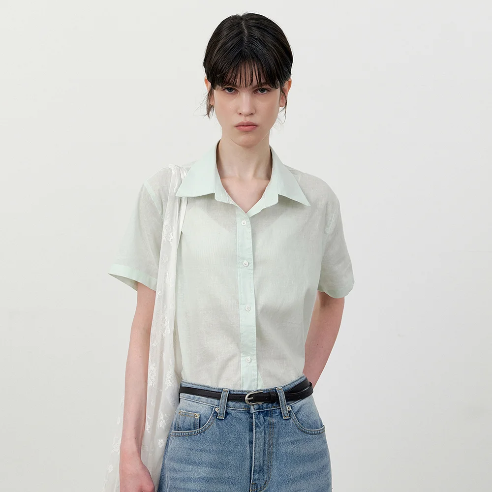 Natural linen half sleeve shirt_Mint