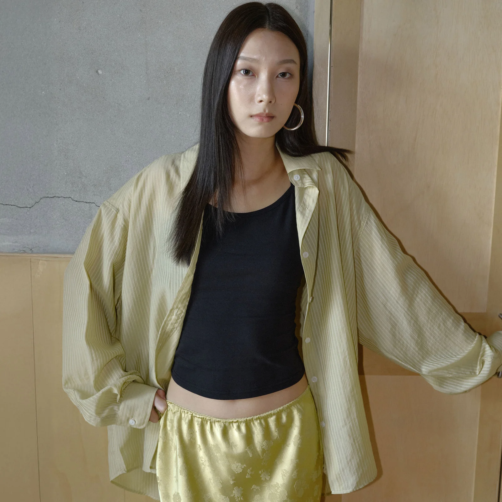 SHEER STRIPE OVERSIZED SHIRT / OLIVE