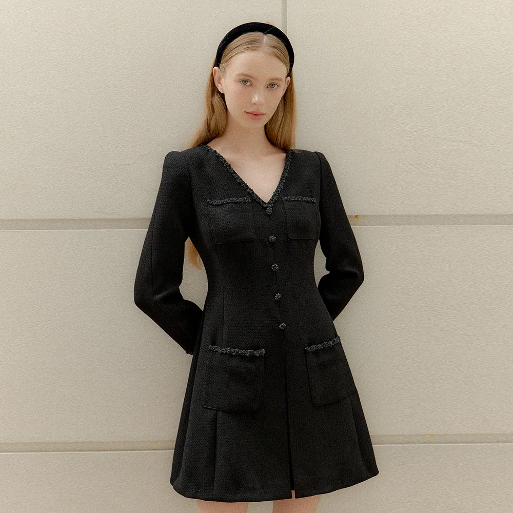 Tweed Pleats Trim Mini-Dress / Black(3color)