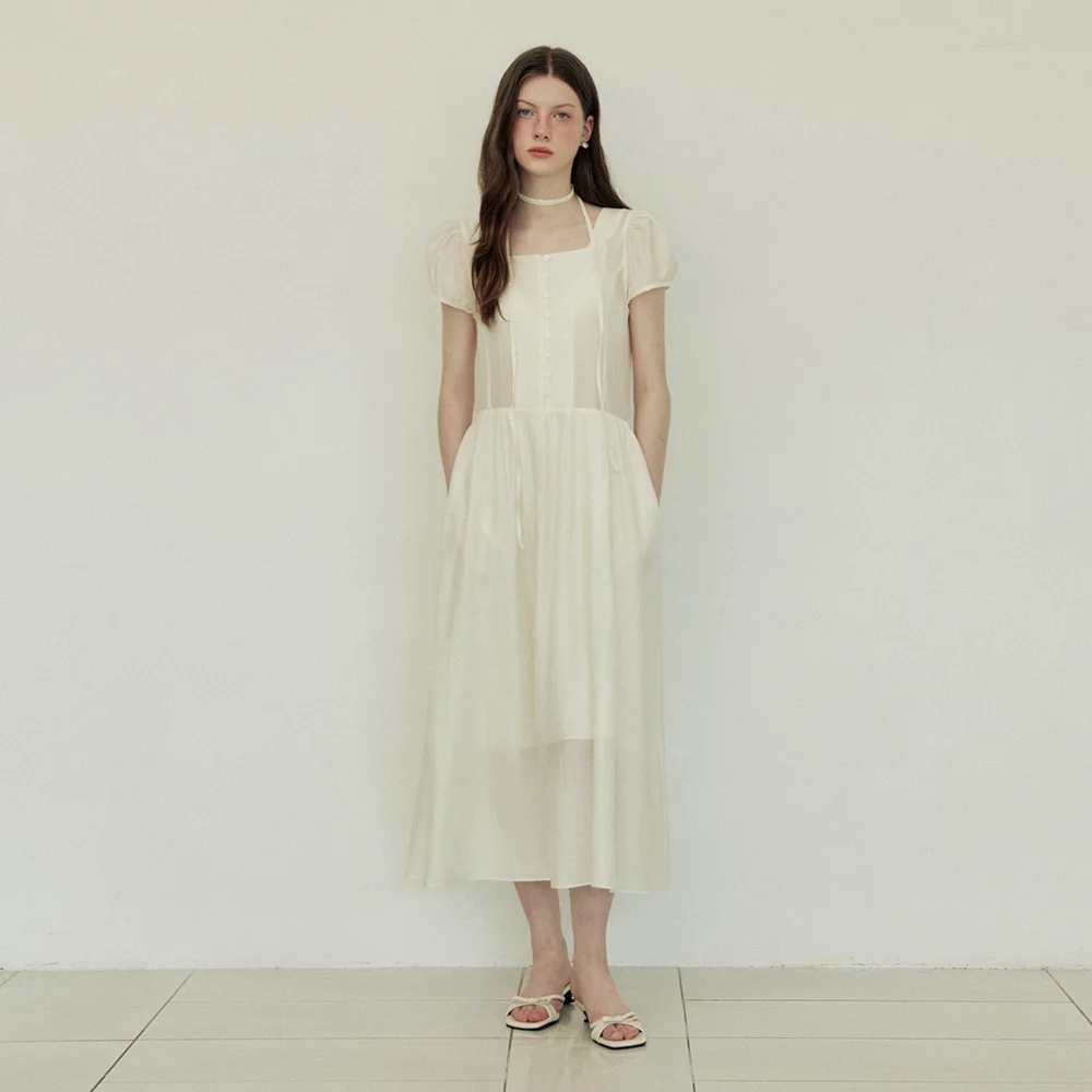 See through choker law rise long dress - cream