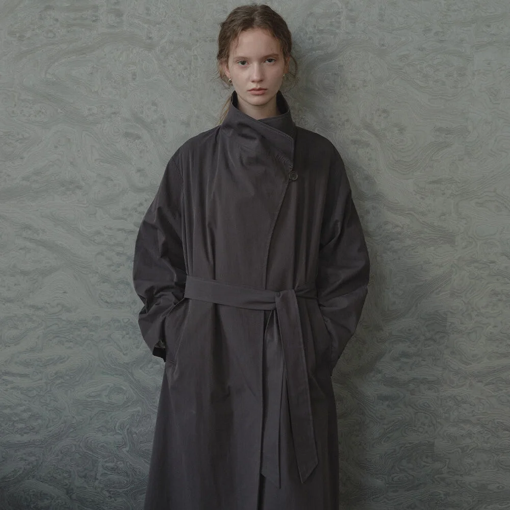 One-button collar trench coat _Charcoal