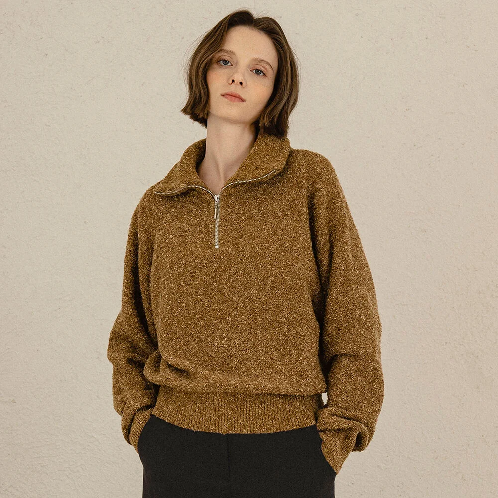 KN4214 Boucle zip-up knit_Golden brown