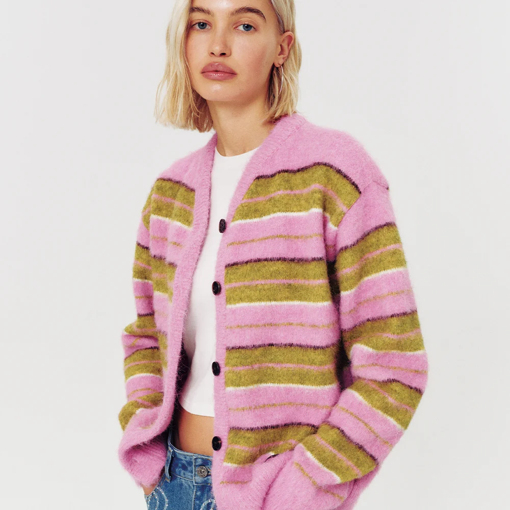 HAIRY STRIPE KNIT CARDIGAN PINK