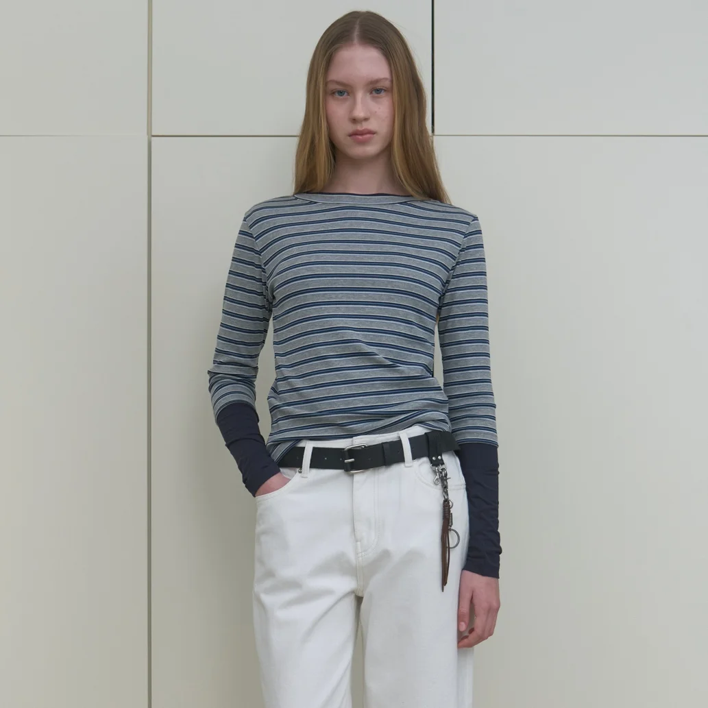 STRIPE 3/4 SLEEVE T-SHIRT_GREY/NAVY
