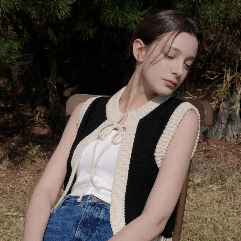 Ribbon Cotton Knit Sleeveless Vest (black)