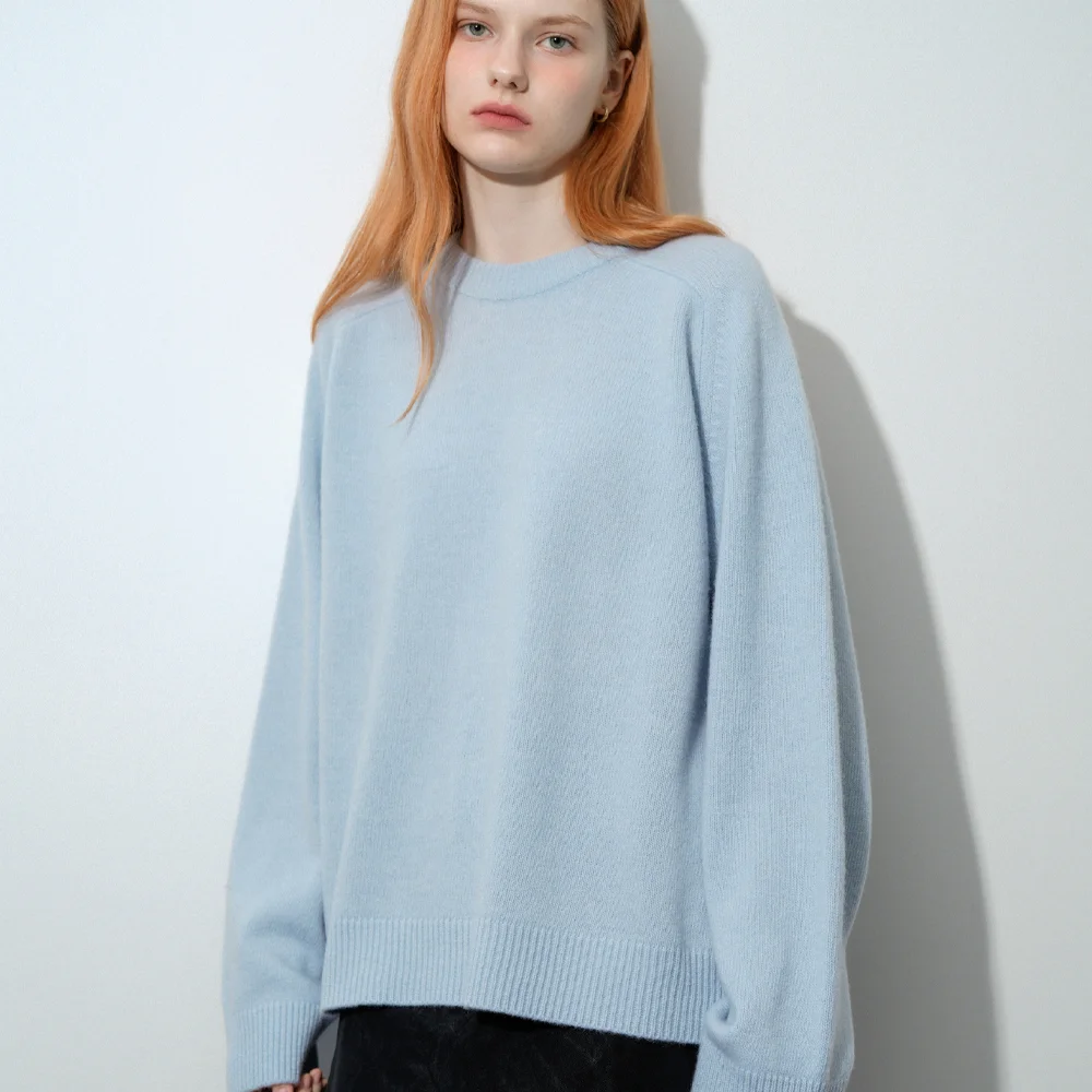 Merino Wool 100% Basic Loosefit Round Knit (Light_sky)