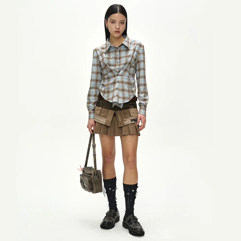 CHECK DRAPED WAIST SHIRT (BLUE/ORANGE)