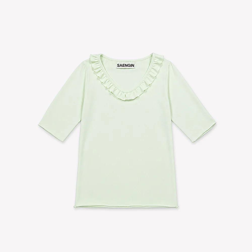 FRILL V-NECK HALF SLEEVE T-SHIRT - MINT