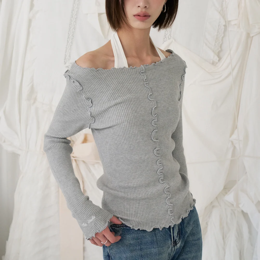 Viscose Frill Boat Neck Embroidered Reverse Knit (Gray)