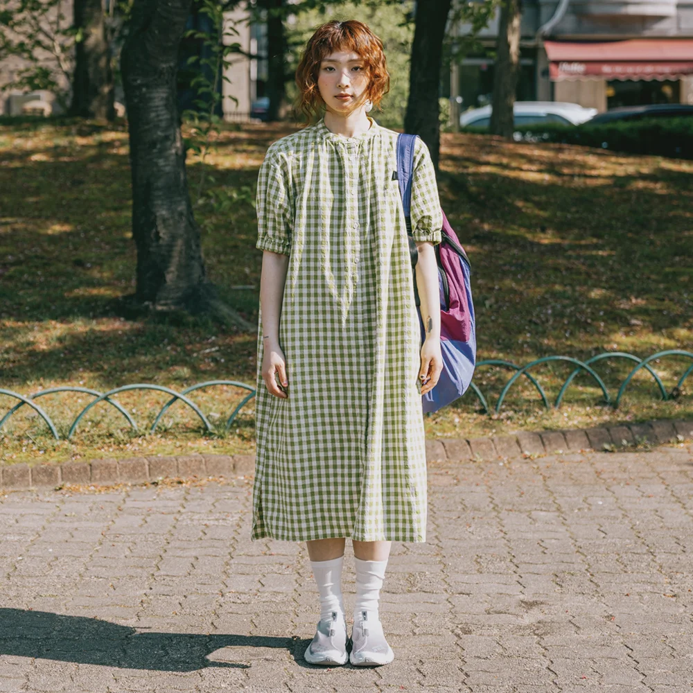 GINGHAM CHECK LINEN DRESS (GREEN)