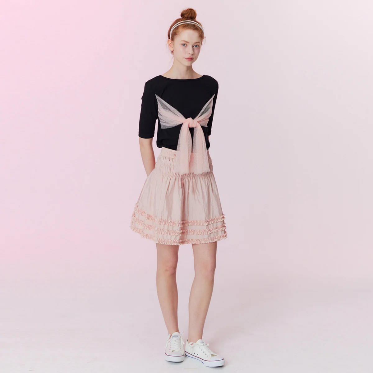 Shining shirring mini skirt_Peach pink
