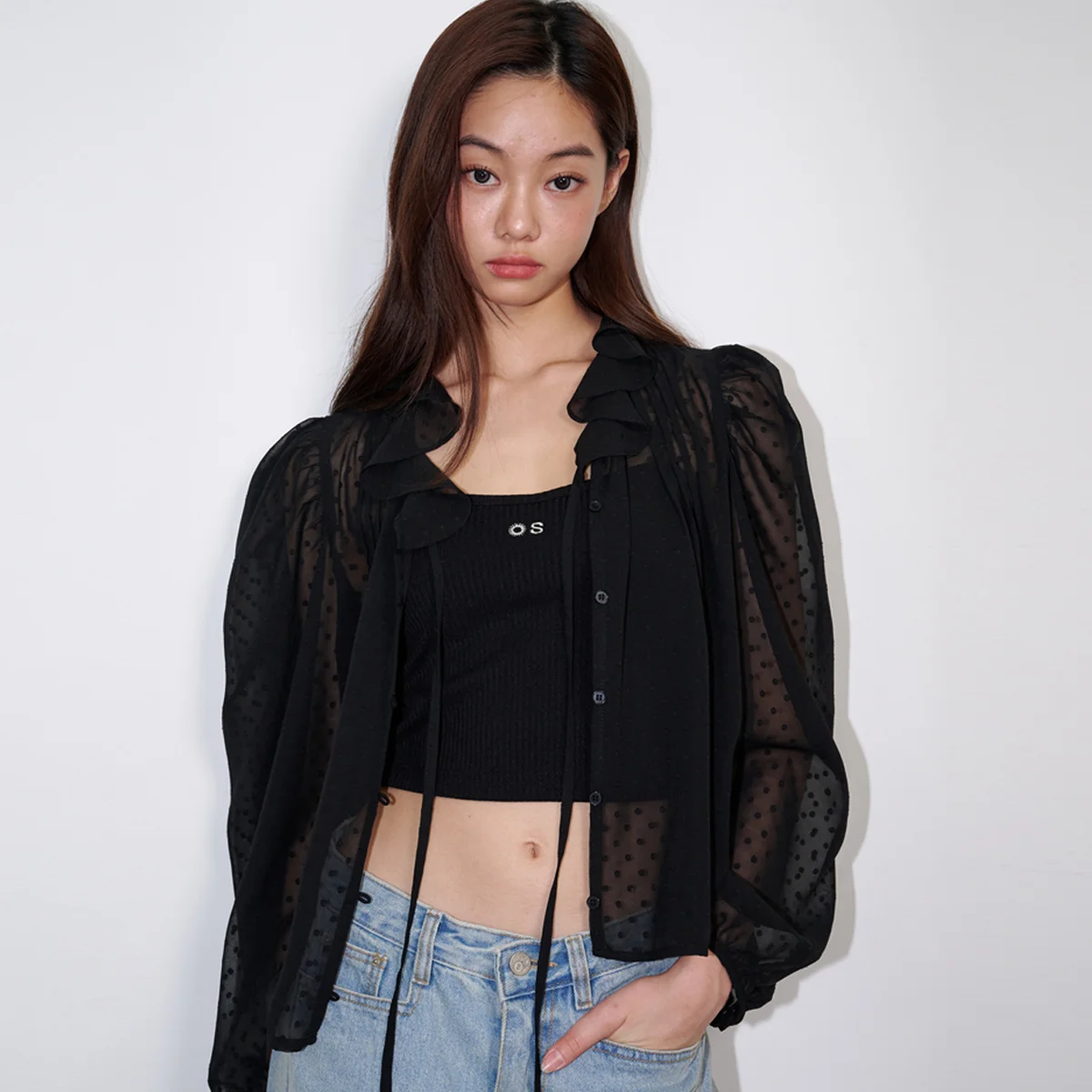 Ruffled See-through Dot Blouse Black