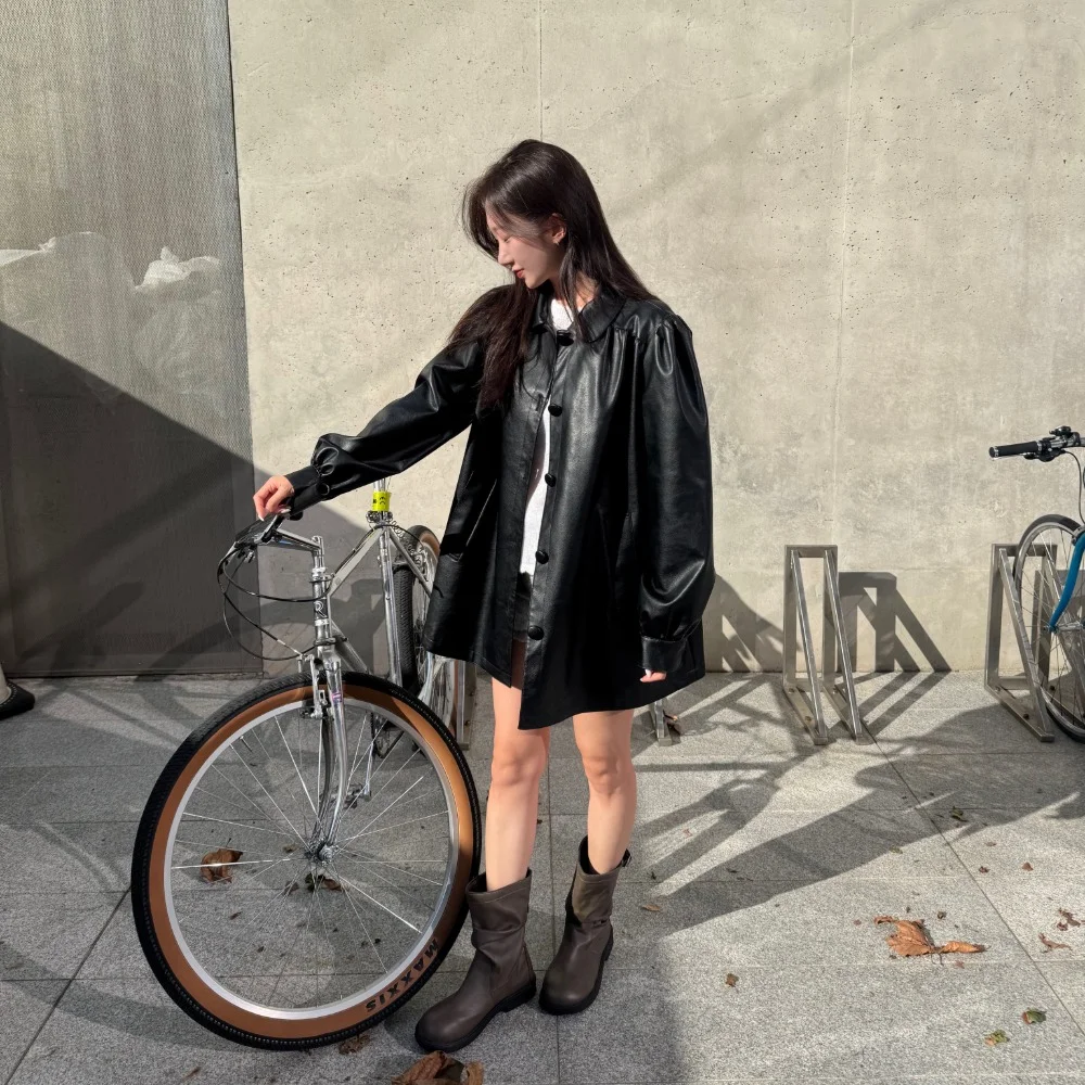 Shirring Leather Jacket (Black)