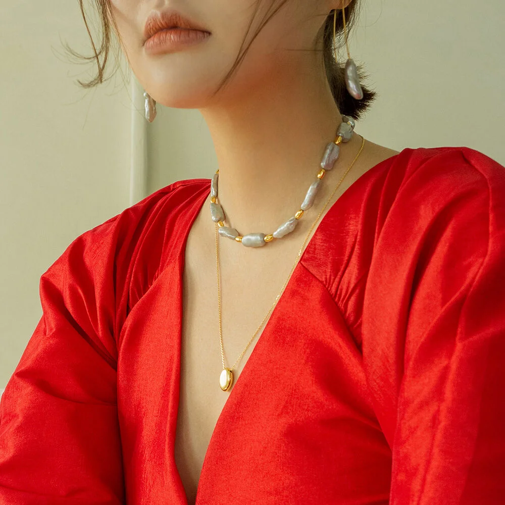 長 珍珠 Necklace-灰色