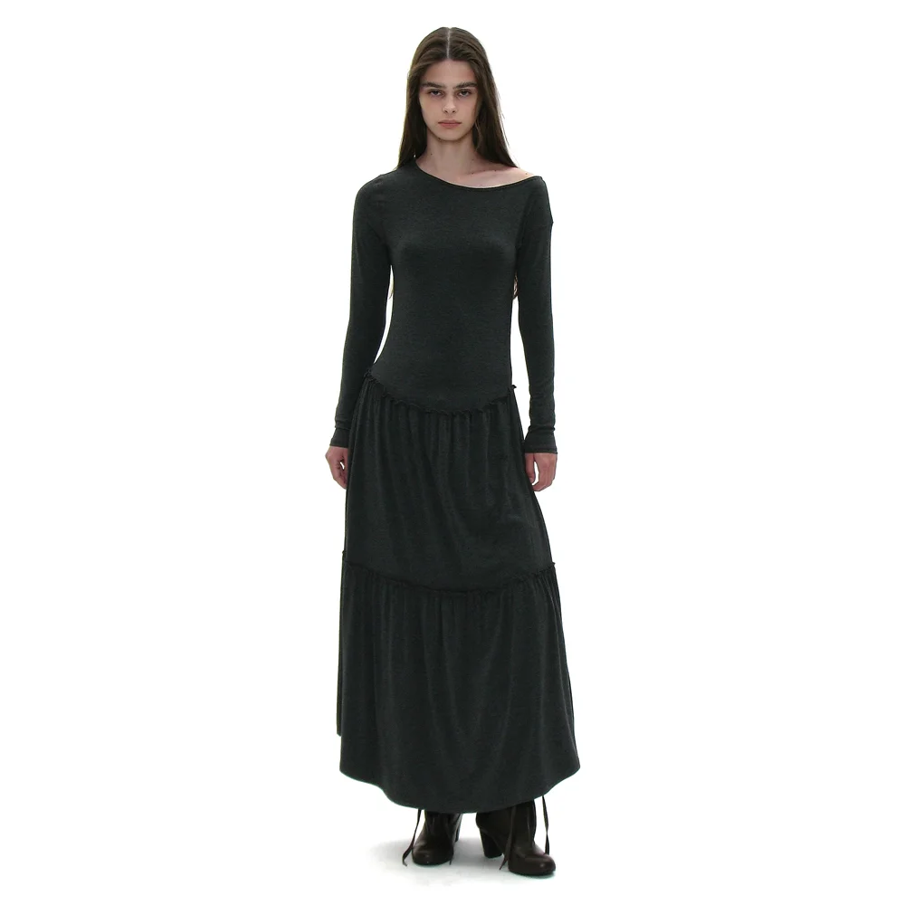 PWC UNBALANCED JERSEY SHIRRING TIERED DRESS_CHARCOAL MELANGE