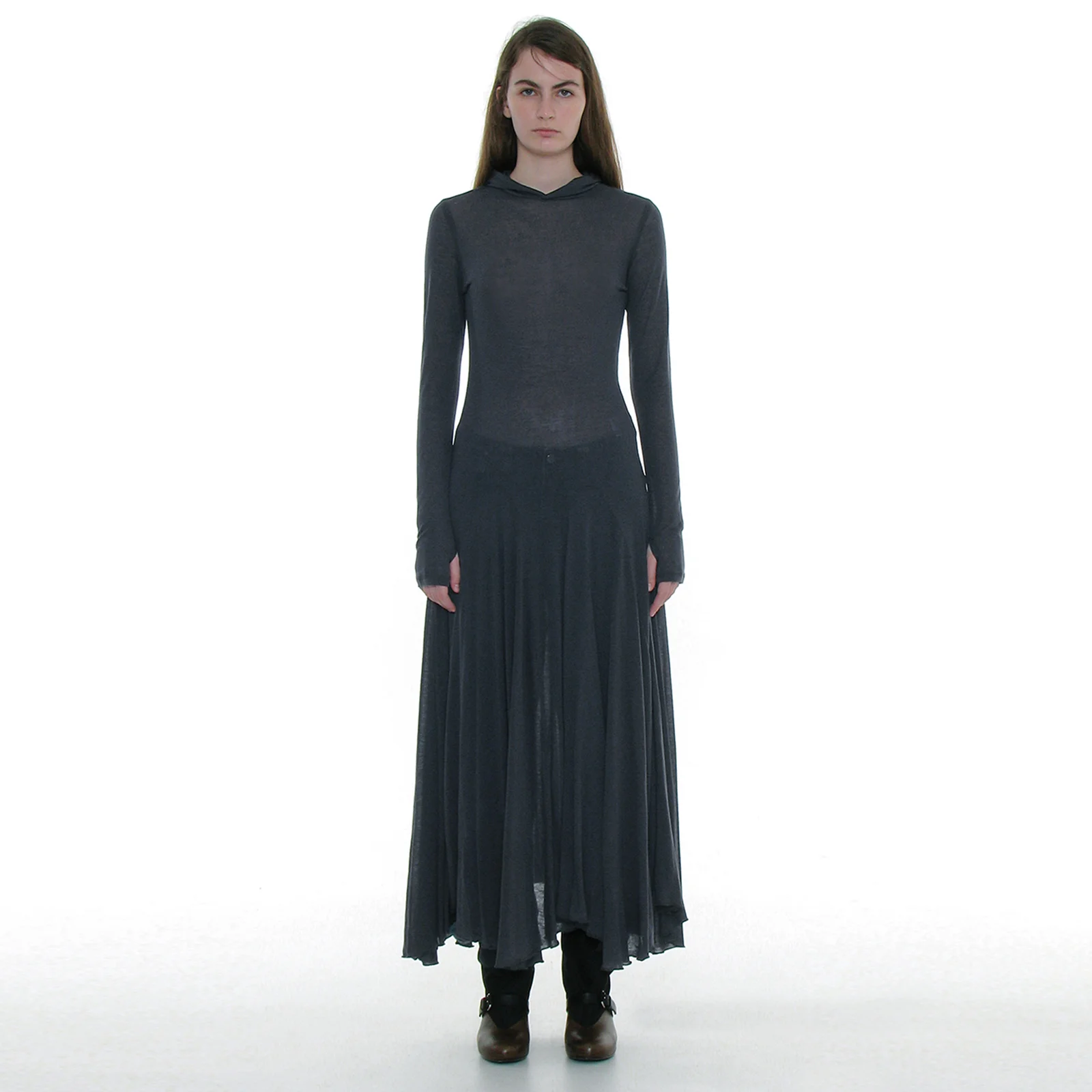 SHEER LAYERED HOODIE FLARE DRESS_NAVY
