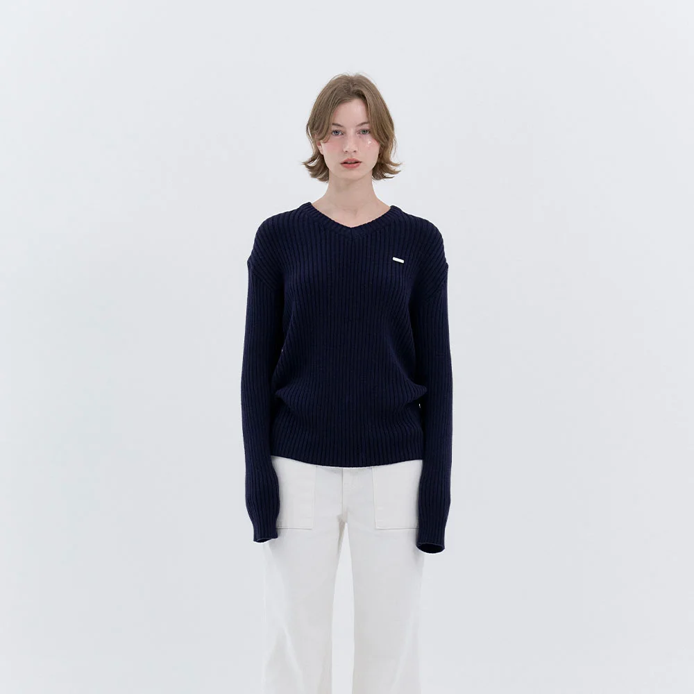 Celia V-neck Ribbed Knit (Navy)
