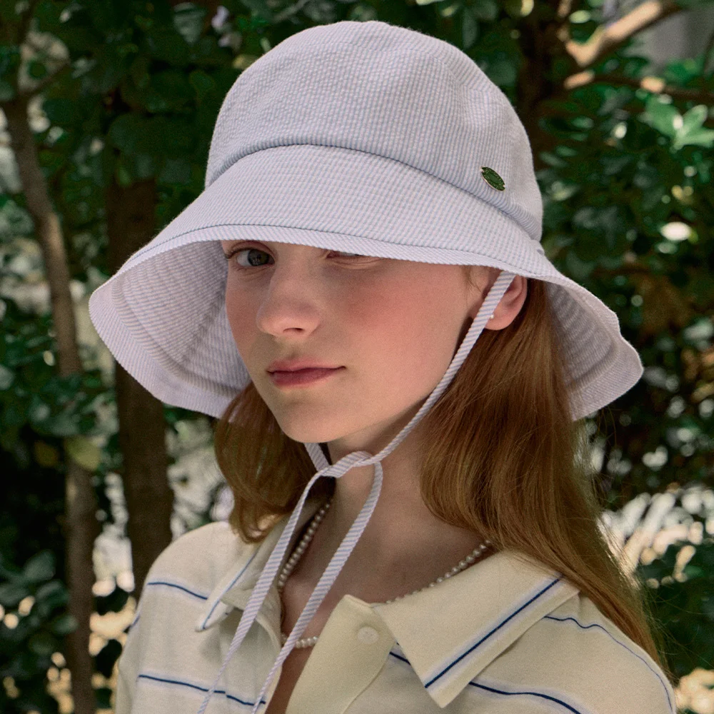 Seersucker Stripe Ribbon Bucket Hat - Blue