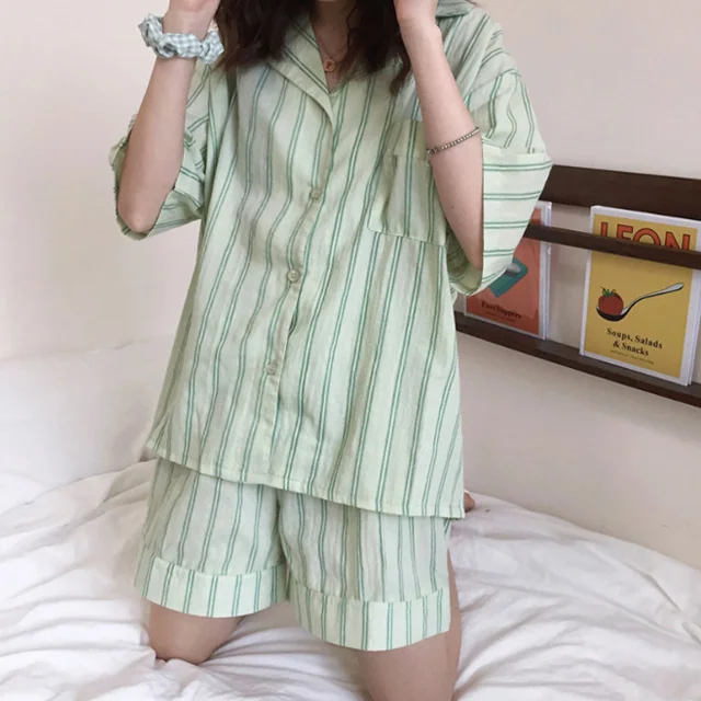 綠色 條紋 短袖 睡衣套裝 睡衣 家居服