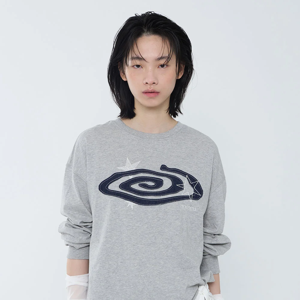 Denim Applique Long Sleeve T-shirt_Melange Gray