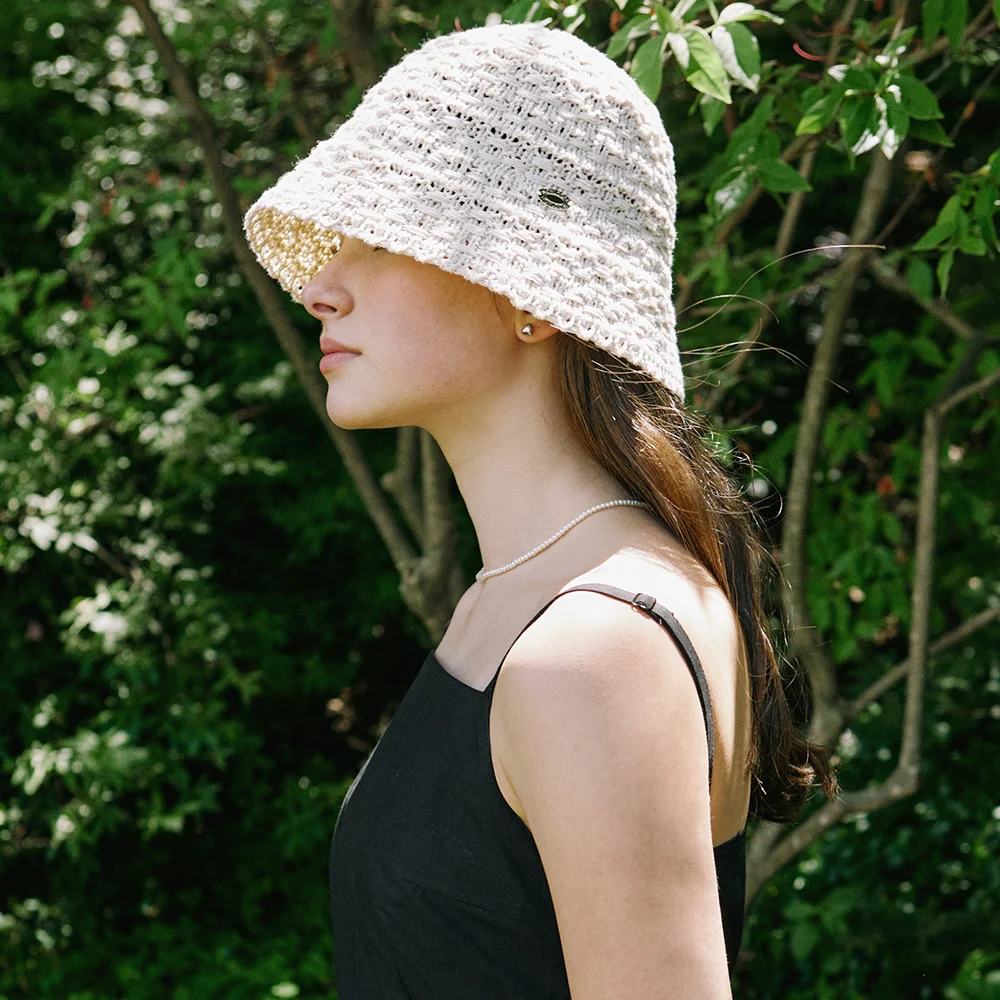 Crochet Knit Bonnet Hat - Light Beige