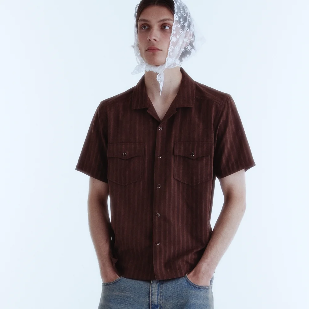 Vein Double Pocket Open Collar Shirt_Brown