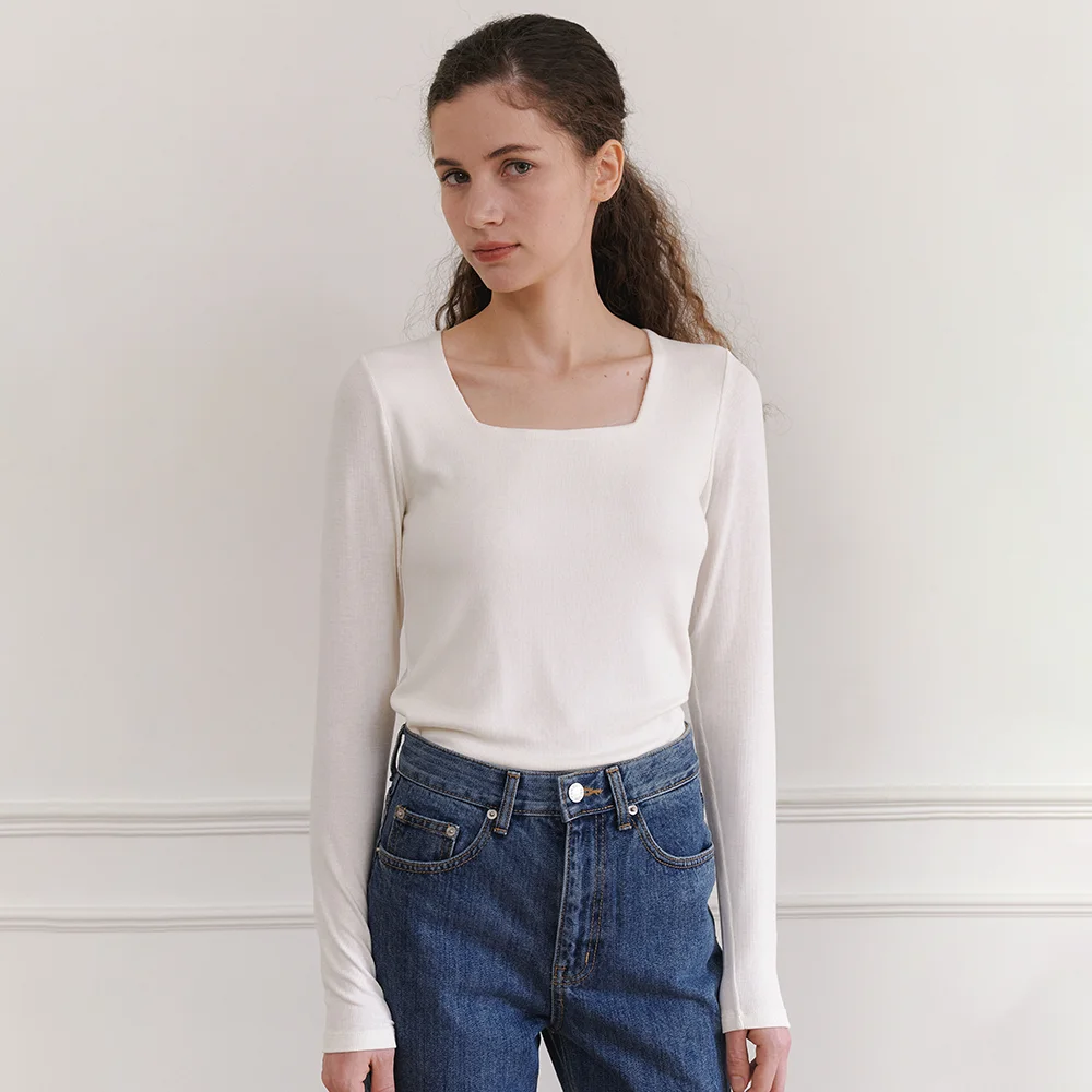 Squared Long Sleeve T-Shirt_Ivory, Beige, Black