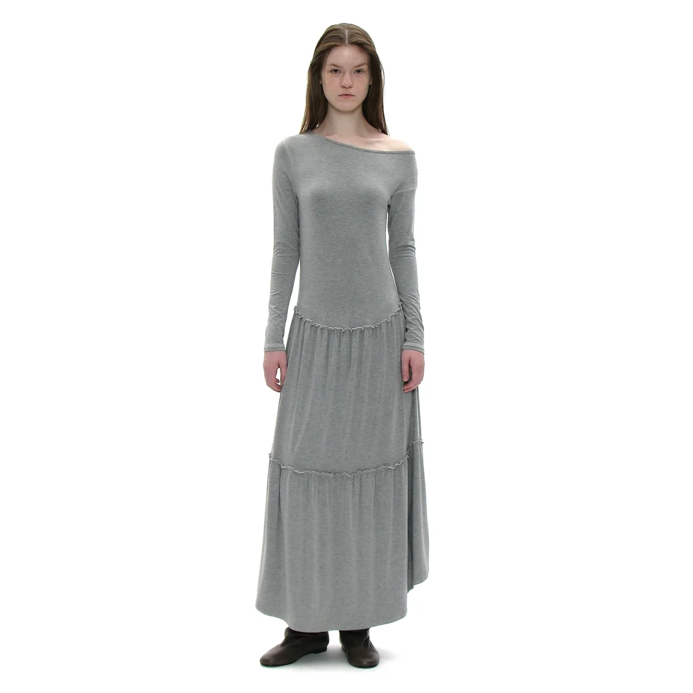 PWC UNBALANCED JERSEY SHIRRING TIERED DRESS_MELANGE