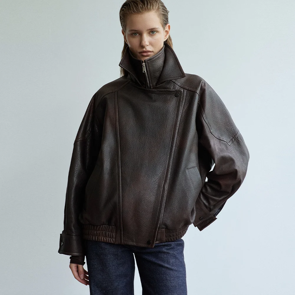 Double Collar Zip-up Jacket_Vintage Brown