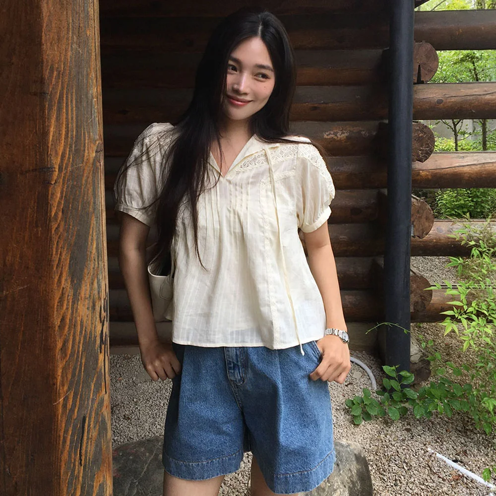 High waist one tuck denim short_Blue