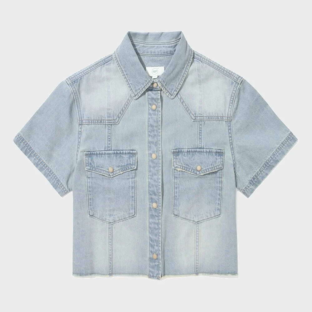 女裝 口袋 牛仔 半 襯衫 Light Blue