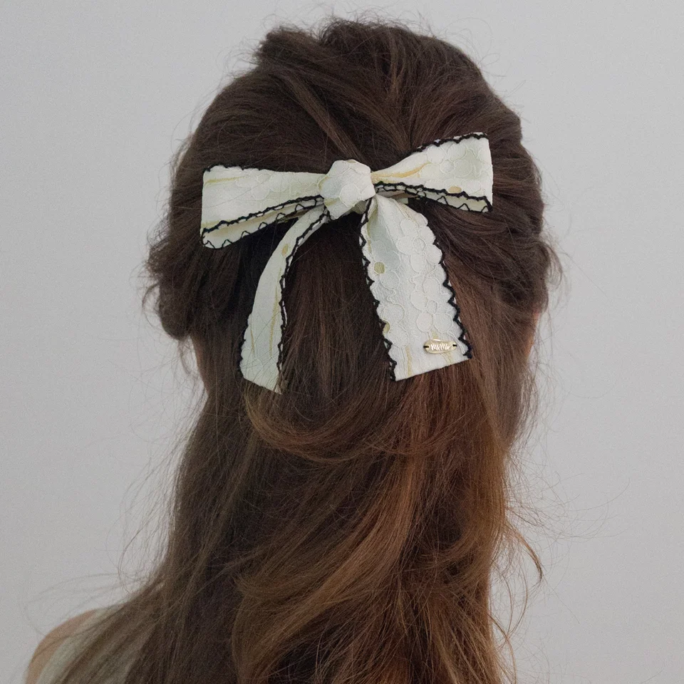 Flower lace ribbon bow hairpin (Ivory)
