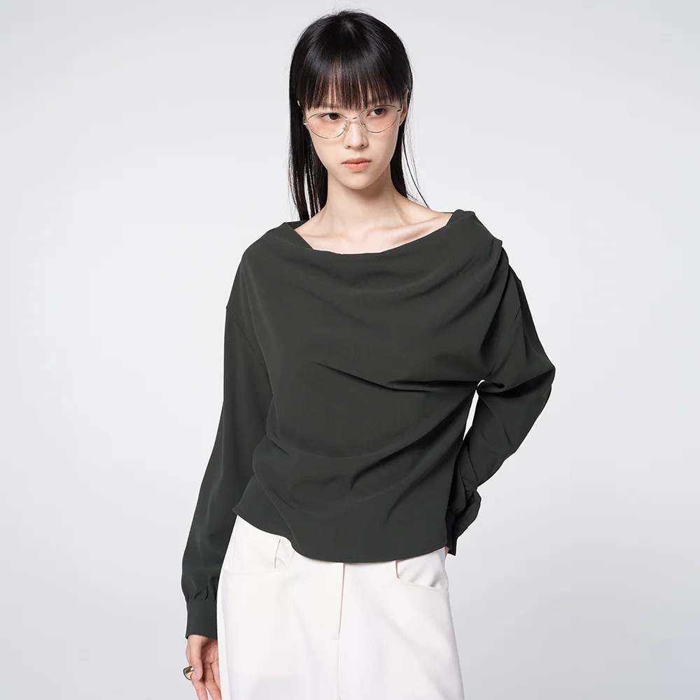 Draped Neck Long Sleeve Blouse Charcoal
