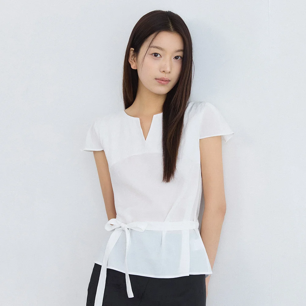 V cut cap belted blouse - white