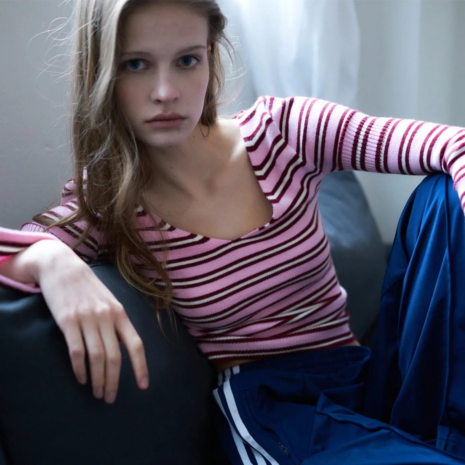 L23 STRIPE DEEP V-NECK KNIT(PINK)