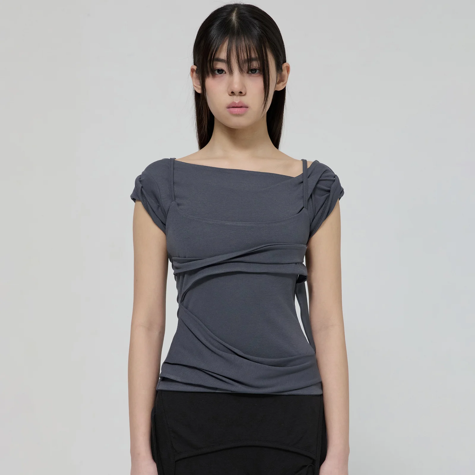 Layered Bustier T-Shirt (FL-108_Charcoal)