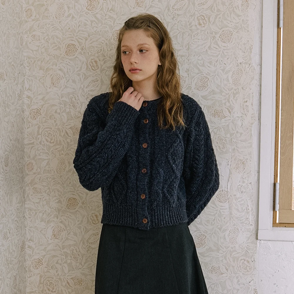 cable knit cardigan sweater - mocha navy