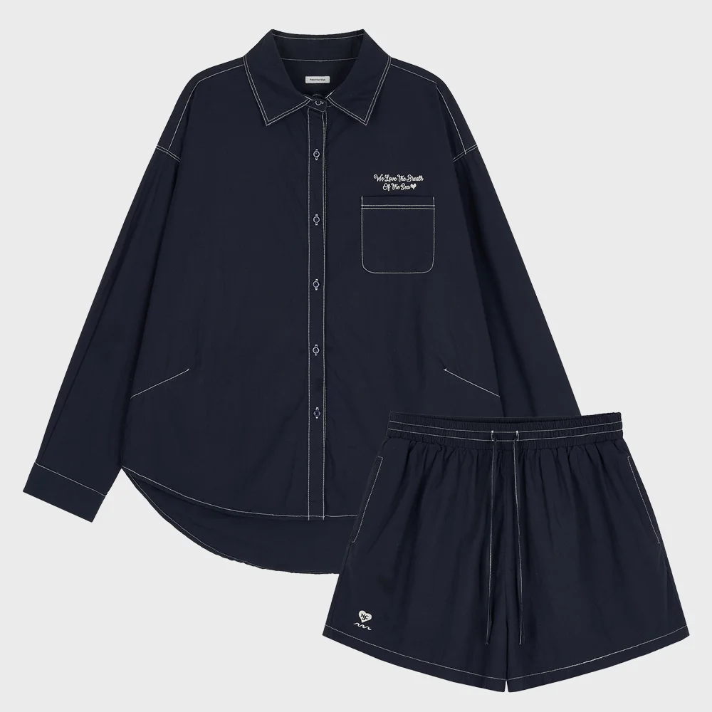 縫線 點綴 襯衫 & 短褲 (Navy)