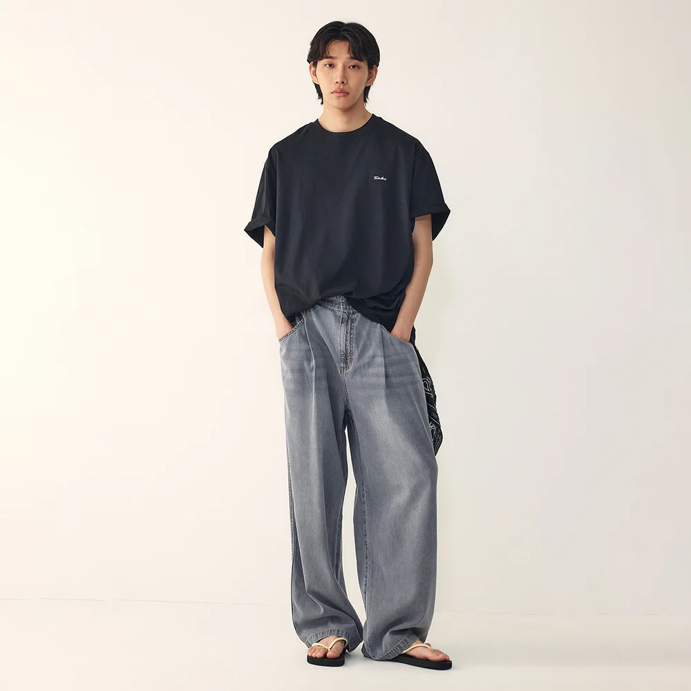 萊賽爾 水洗 牛仔 鬆緊帶 褲子_灰色 9156362311