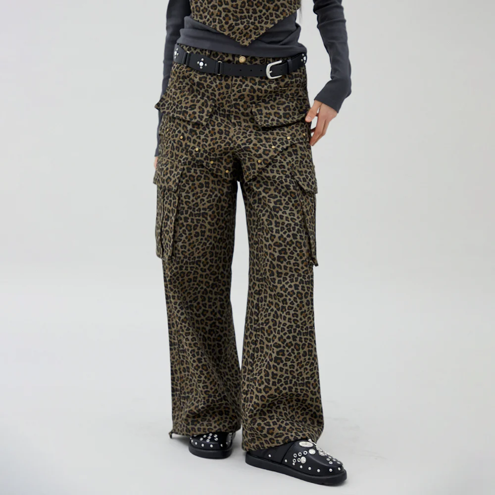 LEOPARD PRINT RIVET POCKET POINT PANTS 豹紋 工裝 褲子 BROWN BR2WP007