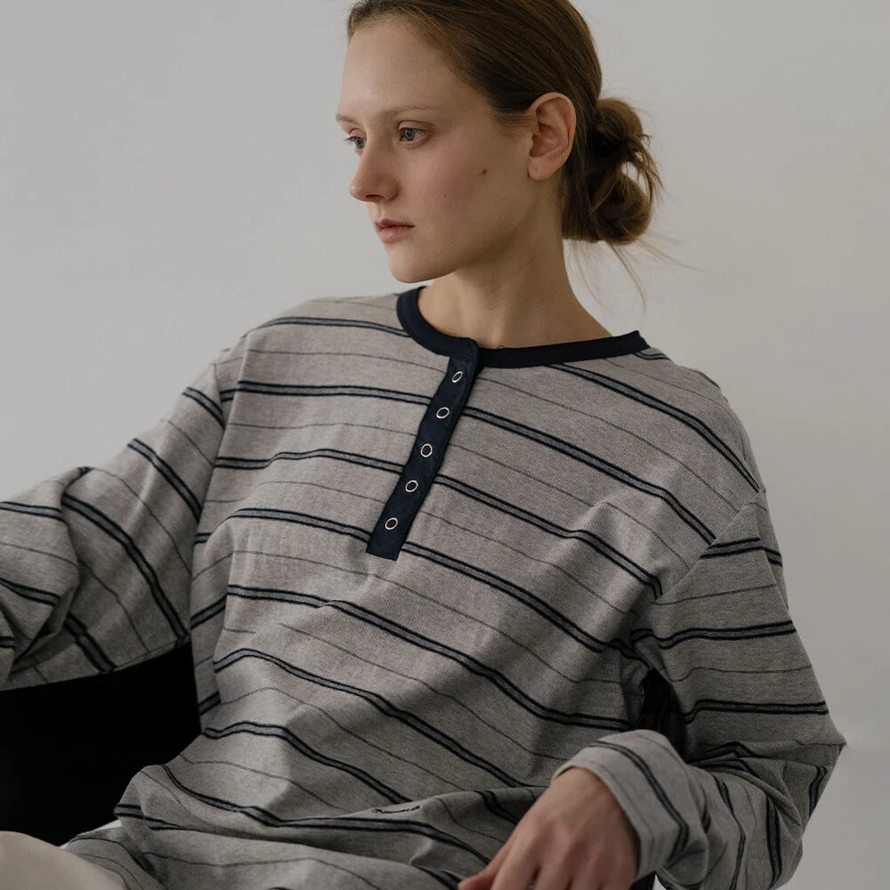 Henley neck stripe longsleeve T-shirt _Melange gray