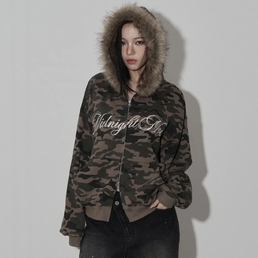 camo hair zip up (khaki)