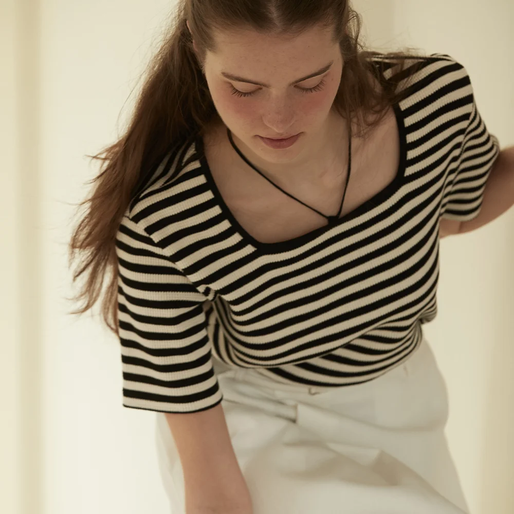 Square neck waffle t shirt - Black stripe