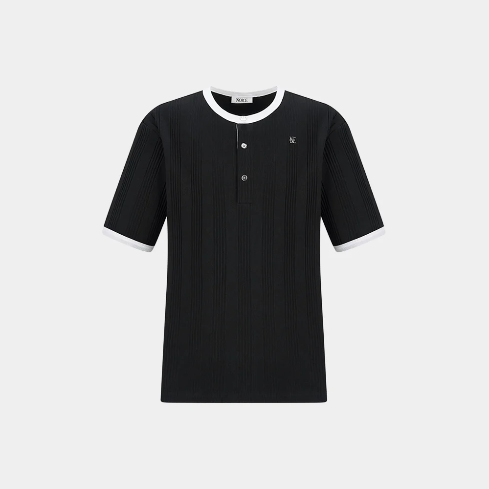 COTTON RIBBED RINGER HENLEY NECK - BLACK