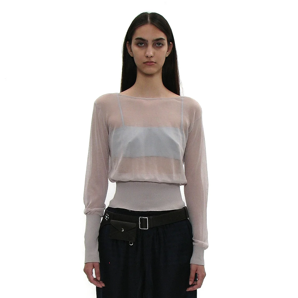 UNBALANCED SHEER KNIT TOP_LIGHT GREY
